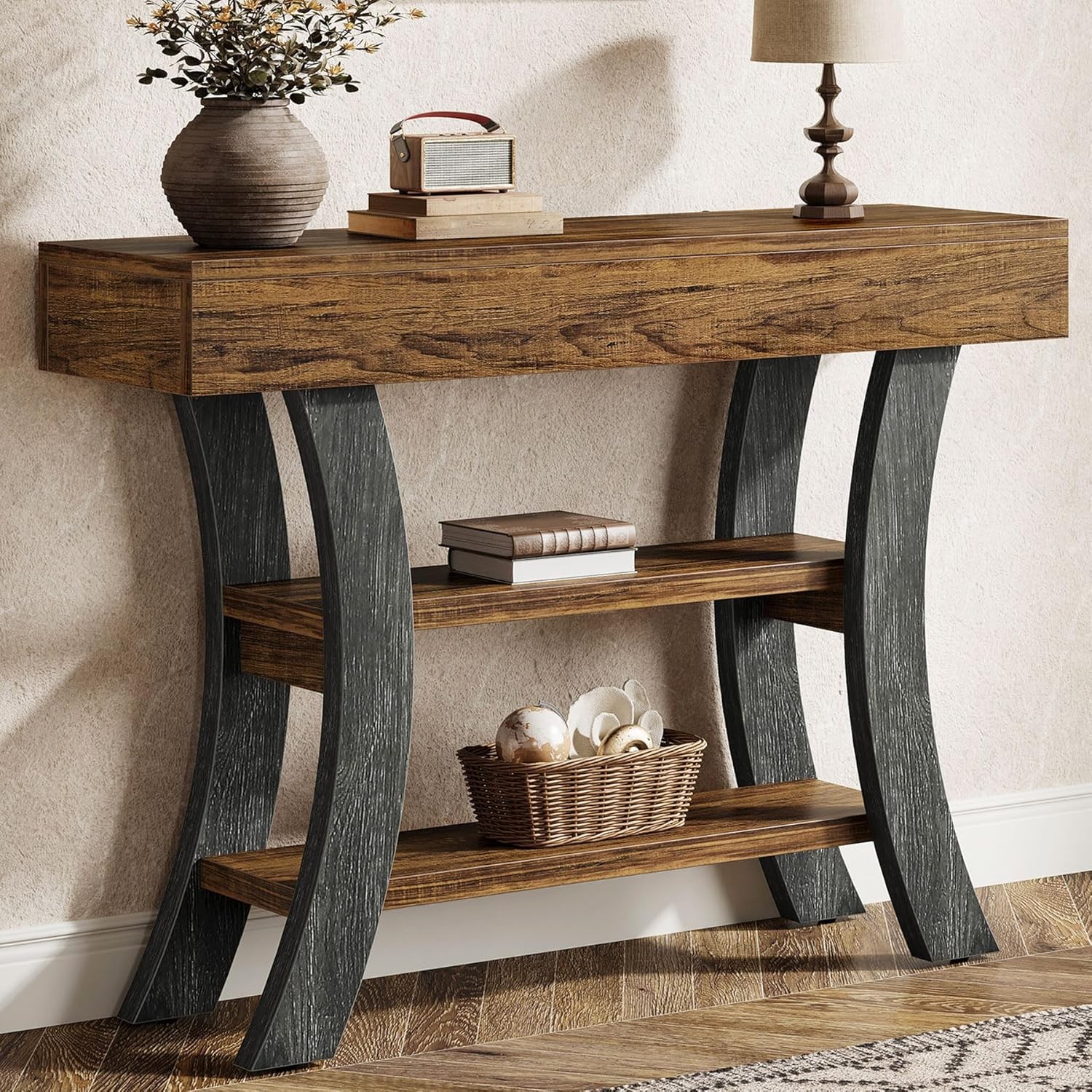 41″ Small Console Table for Entryway, 3-Tier Rustic Narrow Sofa Table w/ Storage