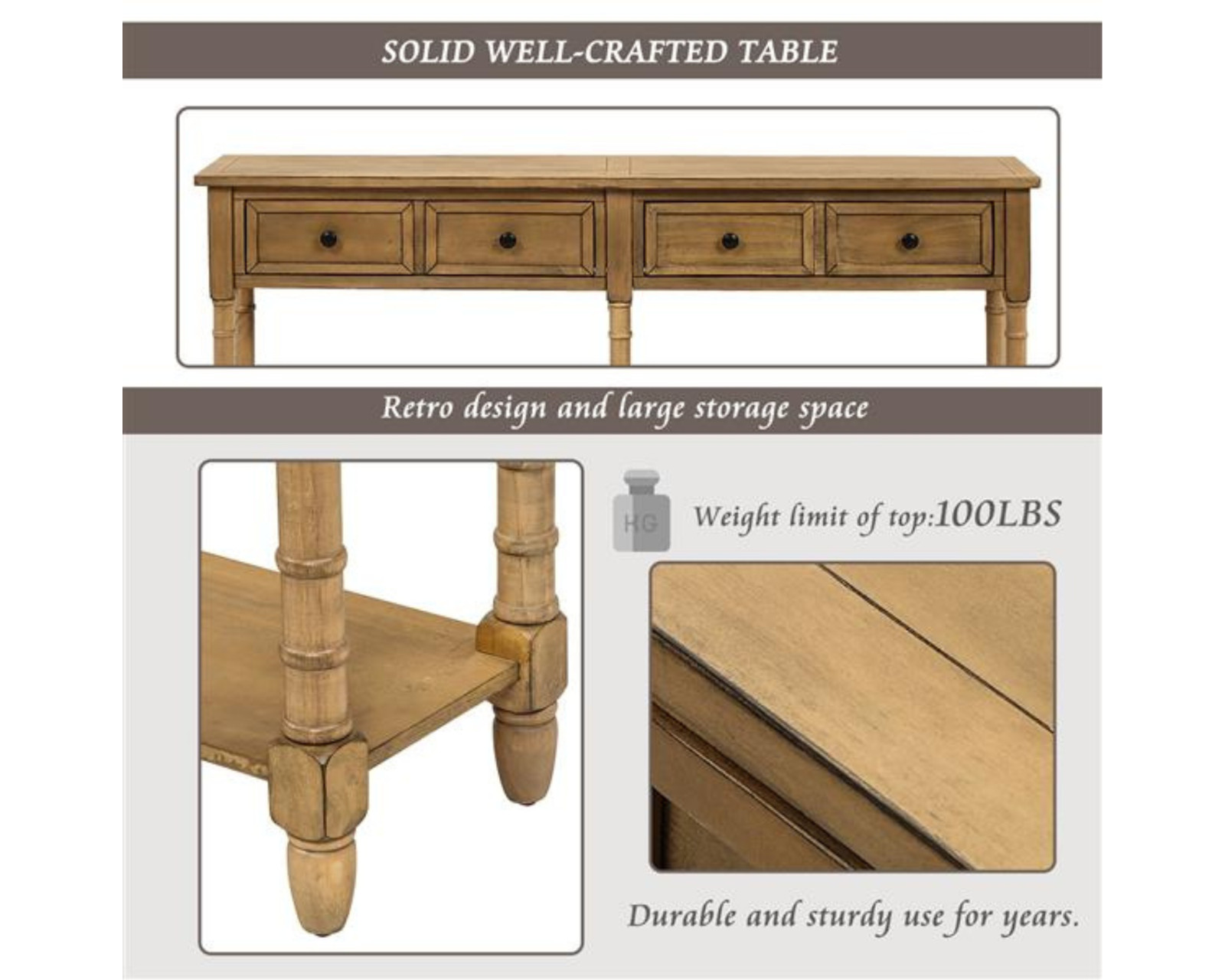 Console Table with Storage Drawers & Shelf for Entryway or Living Room, Old Pine