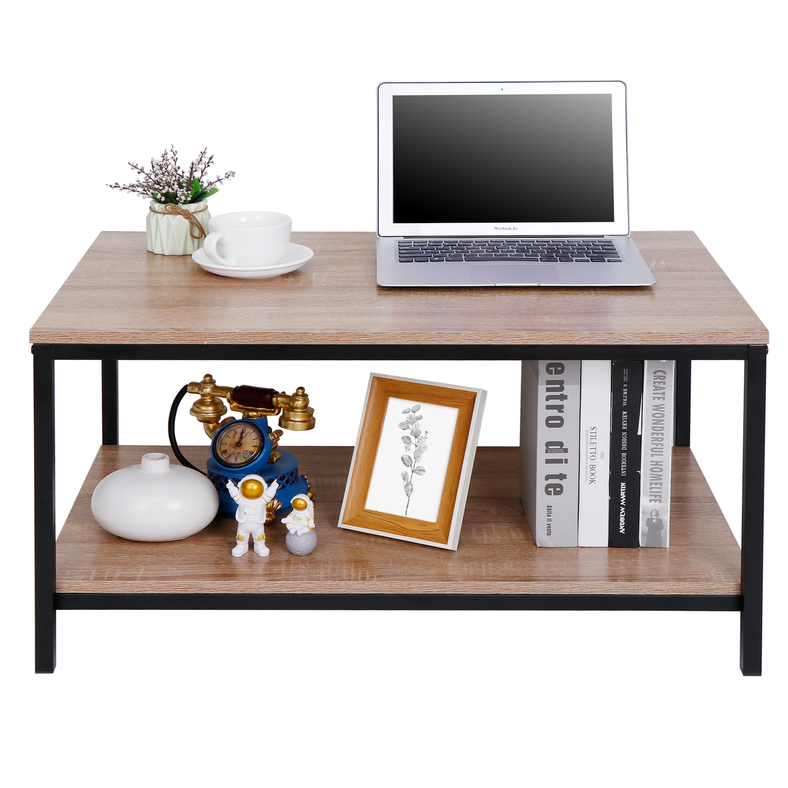 Natural Home MDF Coffee Table Two Tiers Tea Table Desk Solid Metal Frame