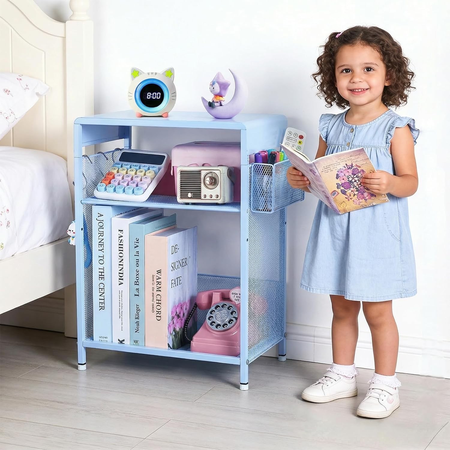 Purple Kids Nightstand 3-Tier Small Side Table Small Spaces Narrow End Table W/