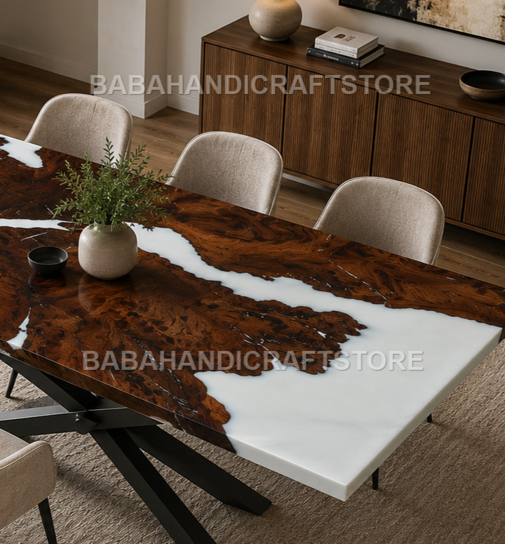 Luxury Live Edge Burl Wood White Epoxy River Dining Table Handmade Resin Desk
