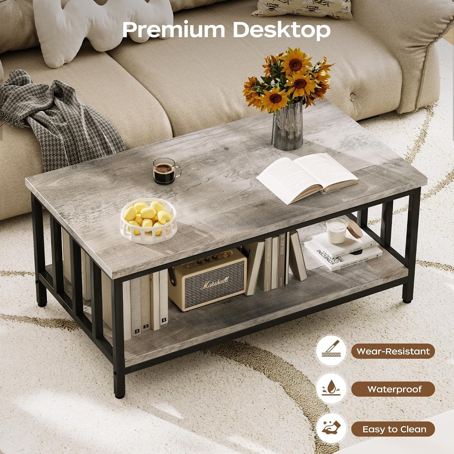Homeiju Coffee Table 39in Modern Farmhouse Grey Wash 2 Tier Storage Shelf