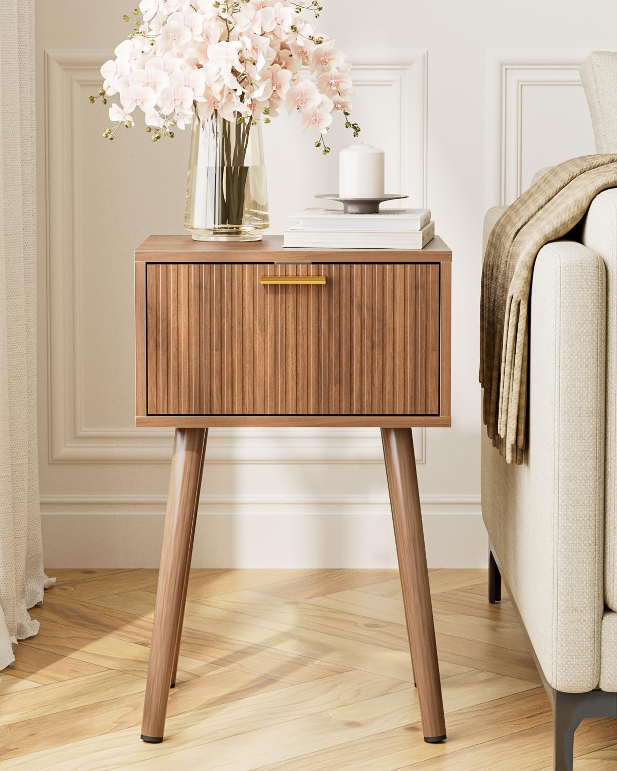 Night Stand Set 2, Walnut Nightstand with Fluted Doors, Small Modern MidCentu…