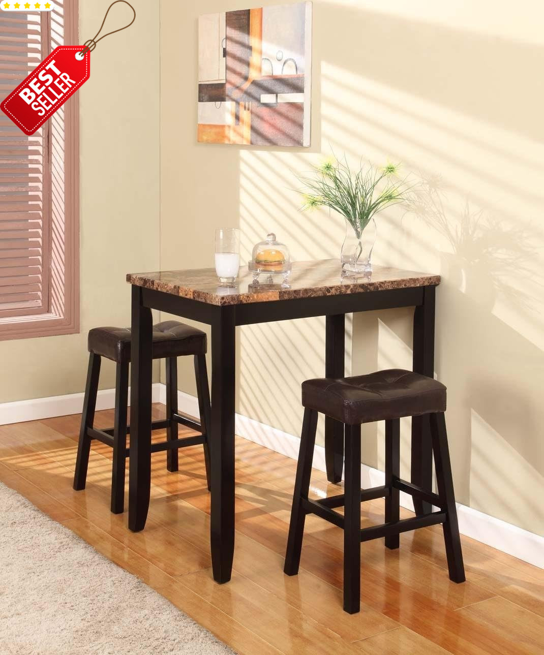 3pc Counter Height Marble Print Dining Table Set Glossy Top Stools – US