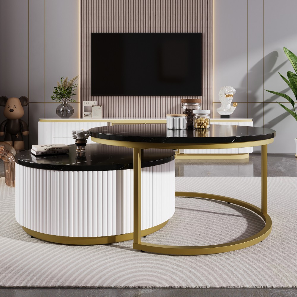 Round Nesting Coffee Table with Grooved Drawers