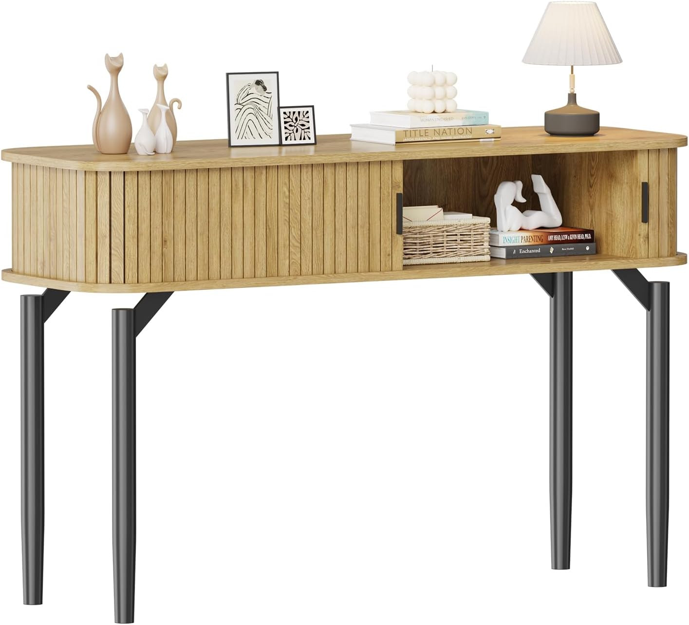 Stylish Oak Fluted Console Table with Sliding Door Storage for Entryway