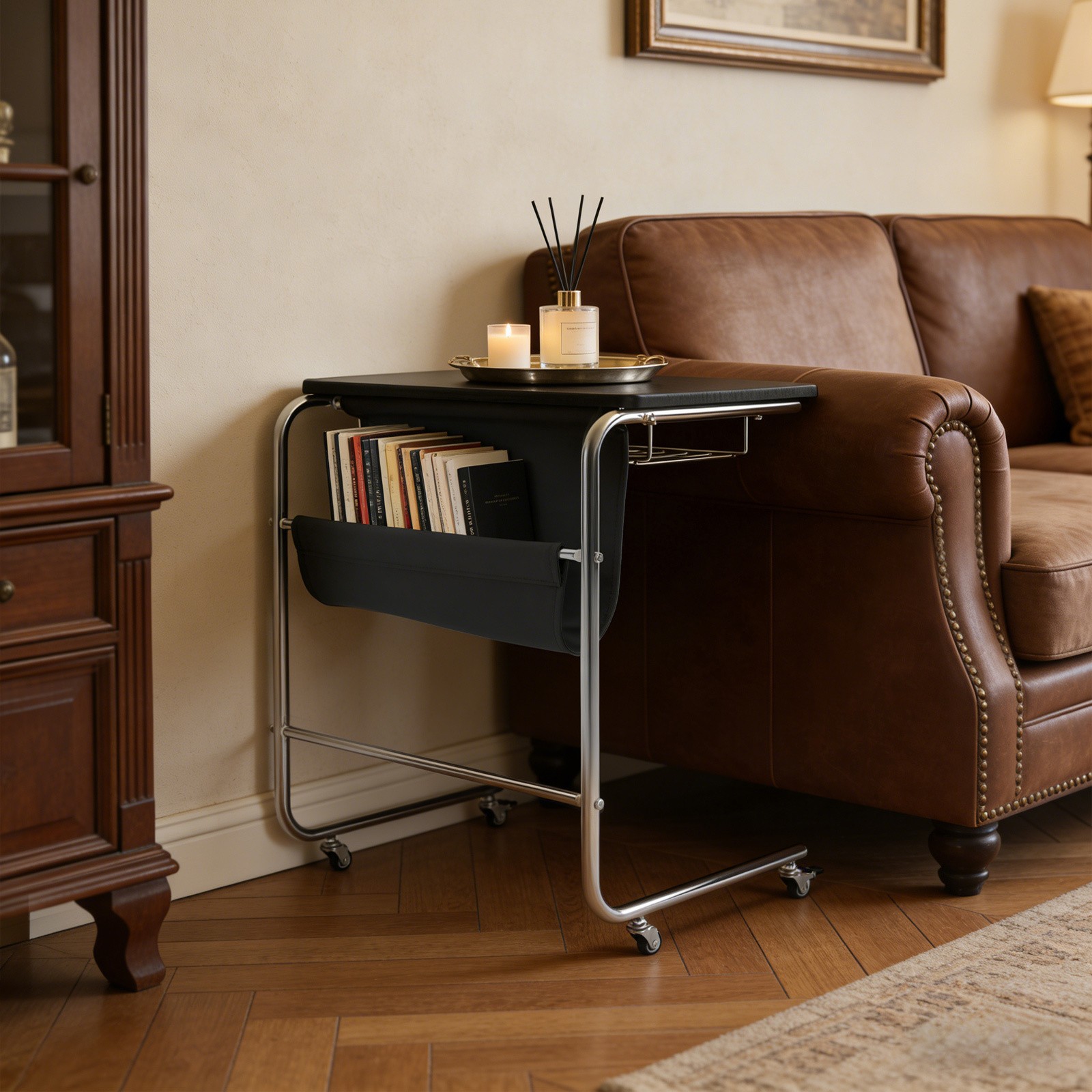 Sofa Side Table,Black C-Shaped End Table with Universal Wheels,cafes End Table