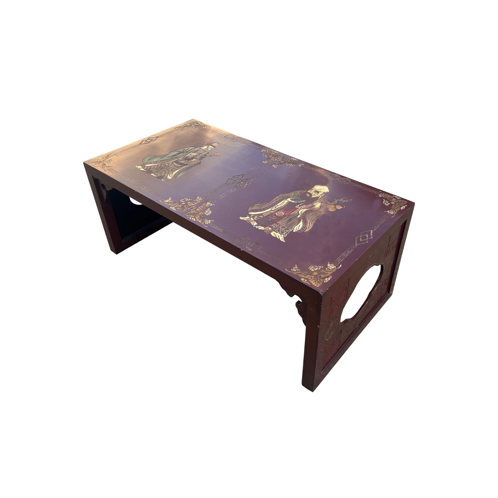 Vintage Chinese Brick Red Lacquer Deity Inlay Graphic Kang Coffee Table ws3705