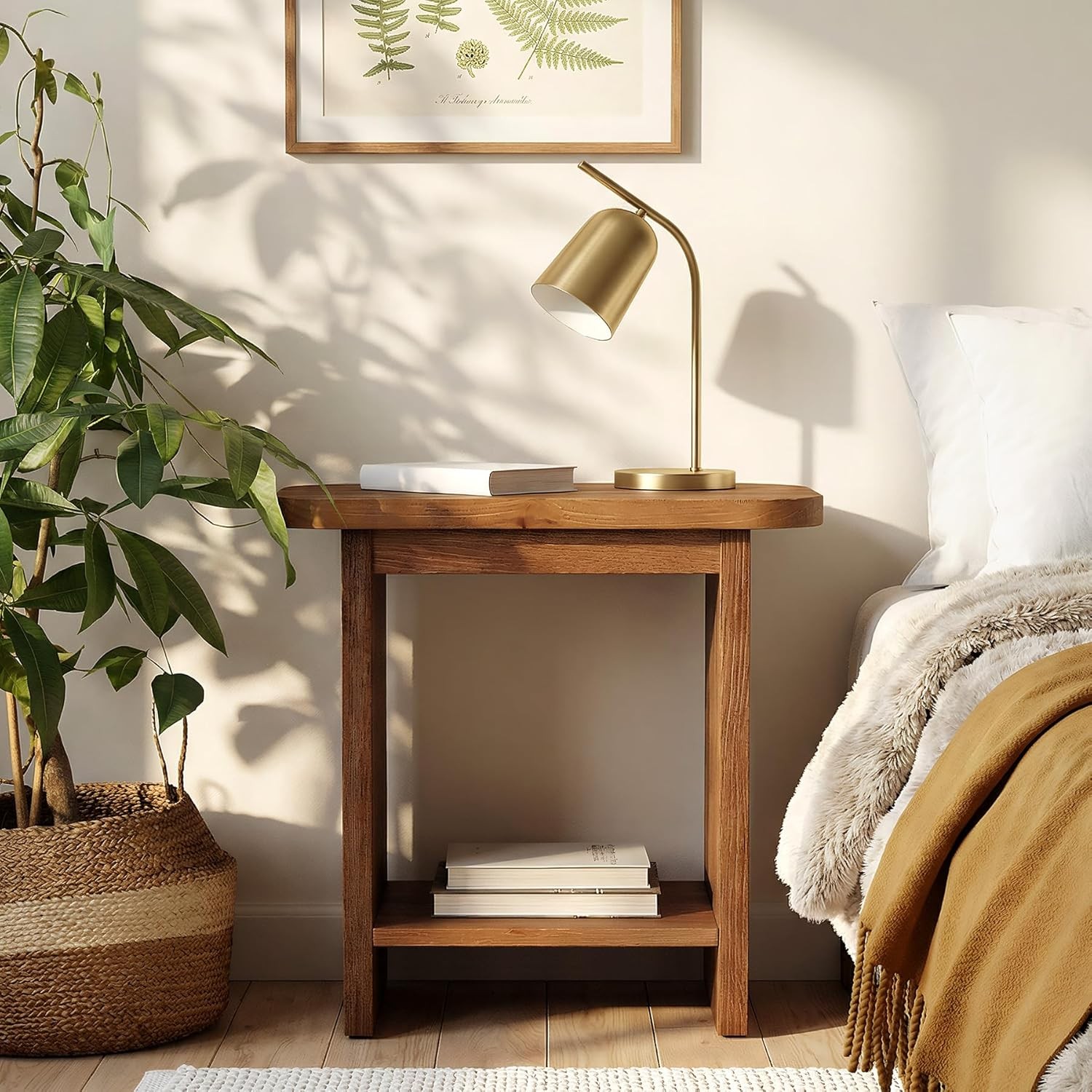Modern Solid Wood Side Table Narrow H-Shaped 2-Tier End Table with Storage Shelf