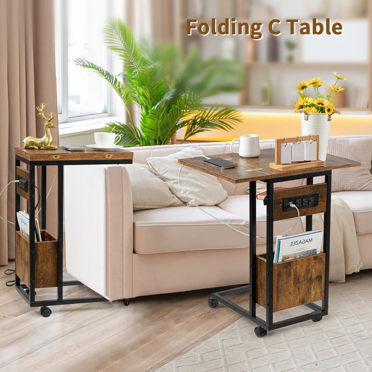 C Shaped End Table with Charging Station & Foldable Tabletop, Folding TV Tray…
