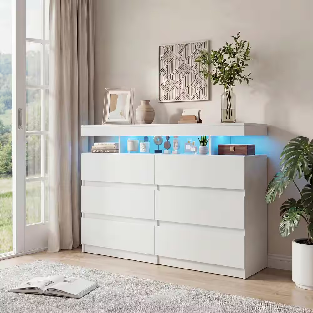 6-Drawer White Dresser, 32 In. H X 47 In. W X 15 In. D Double Dresser with Power