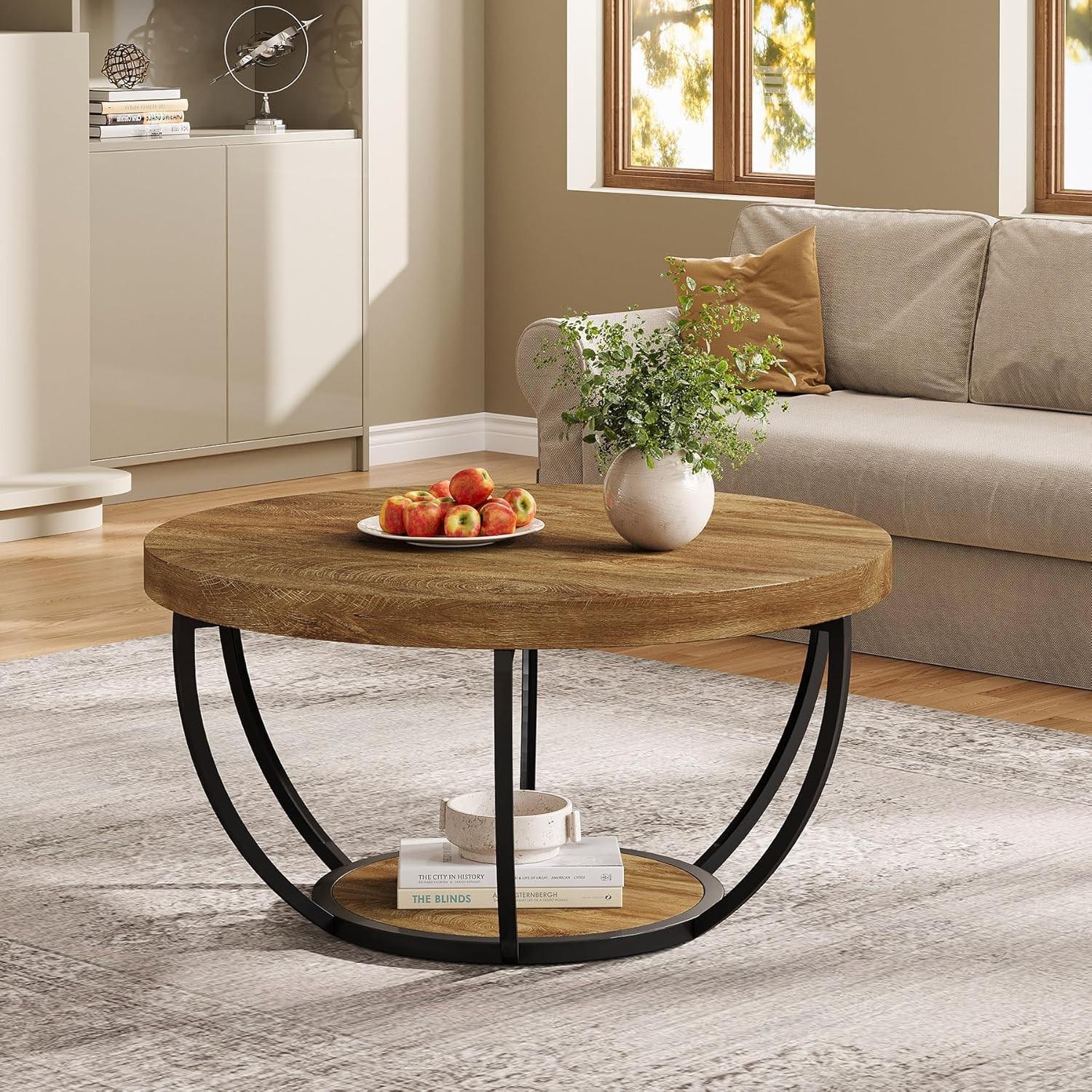 2-Tier Round Coffee Table Industrial Circle Wooden Center Table For Living Room