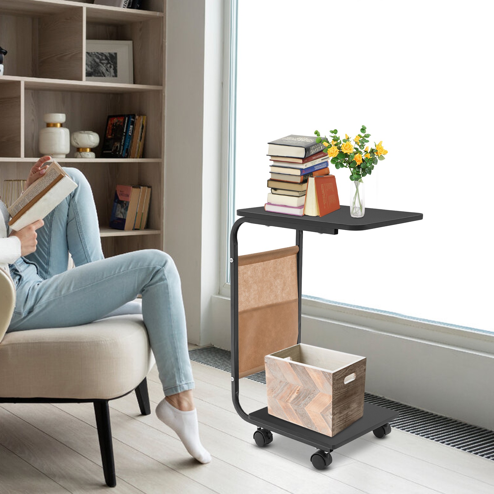 Floorstanding 2-Tier C-shaped Side Table For Sofa And Bed, C-shaped Coffee Table