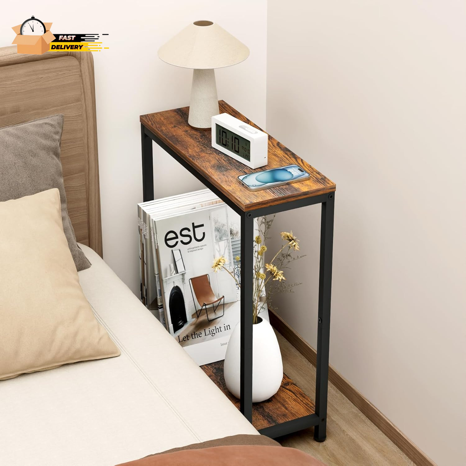 Narrow Small Side Table for Small Space, 2 Tier Sofa Skinny End T