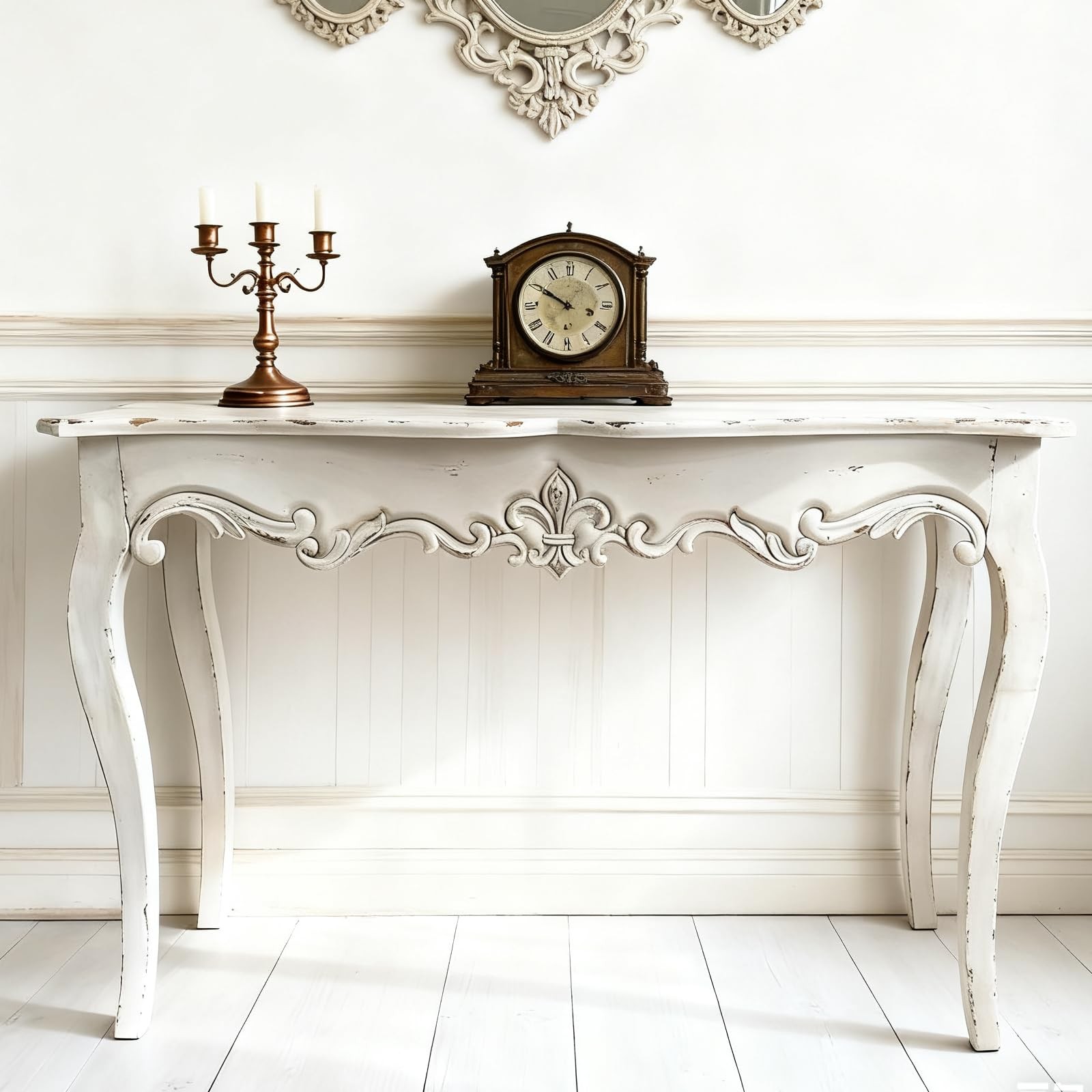 Vintage Entry Table, Weathered Wash White Sofa Table w/Wood Carvings for Hallway