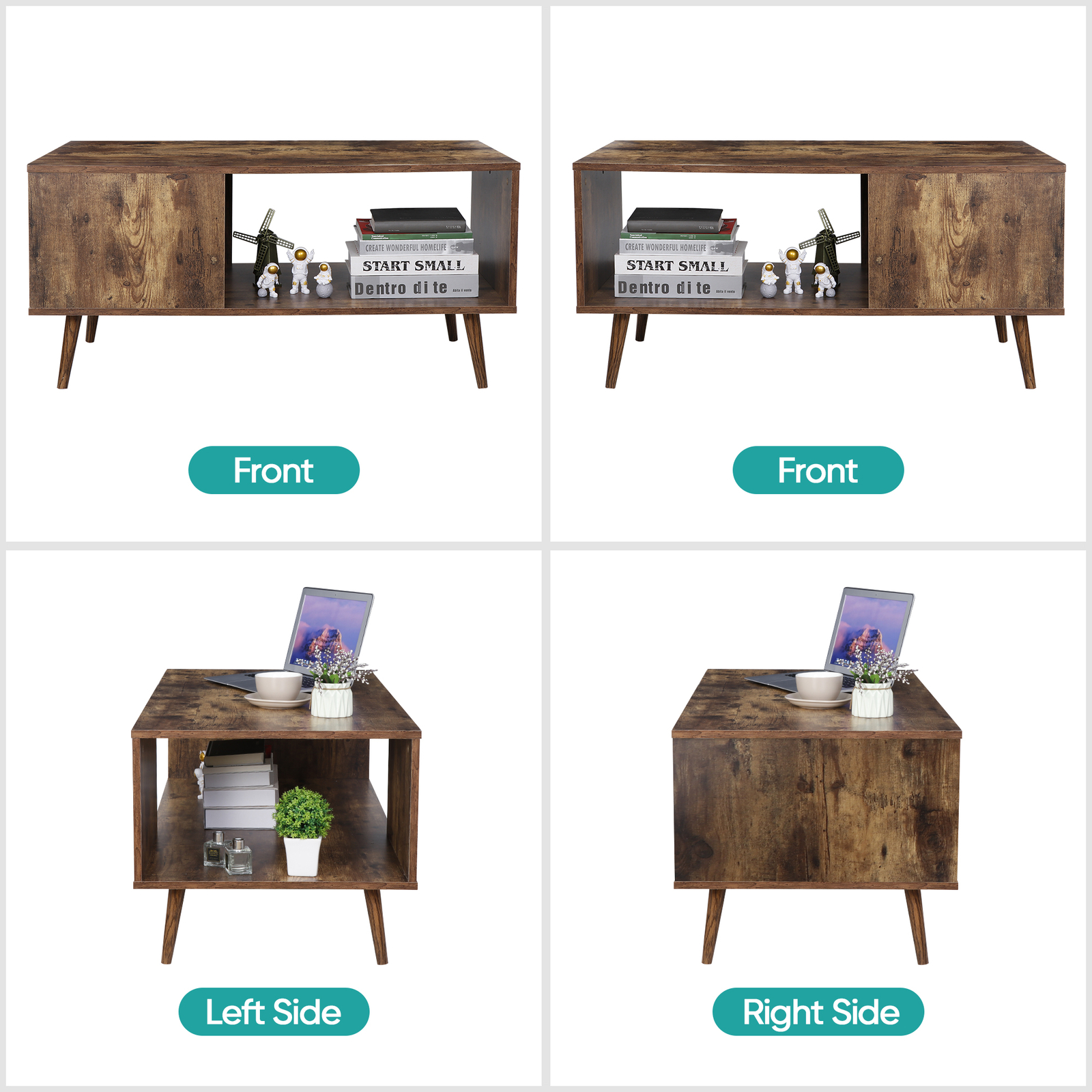 Retro Rectangular Coffee Tea Table Wooden Open Storage Shelf For Living Room