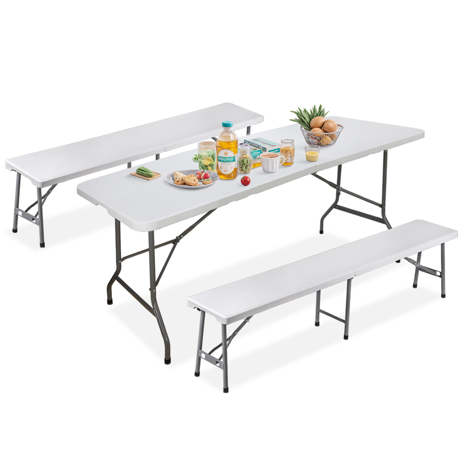 Folding Table Set w/2 Benches 6FT Camping Picnic Table Set Outdoor Indoor White