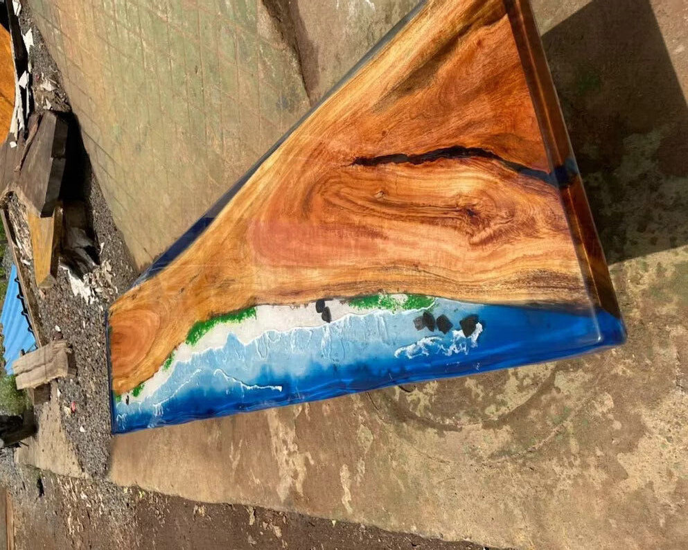 “Blue Ocean River Epoxy Resin Dining Table – Live Edge Beach Luxury Furniture”