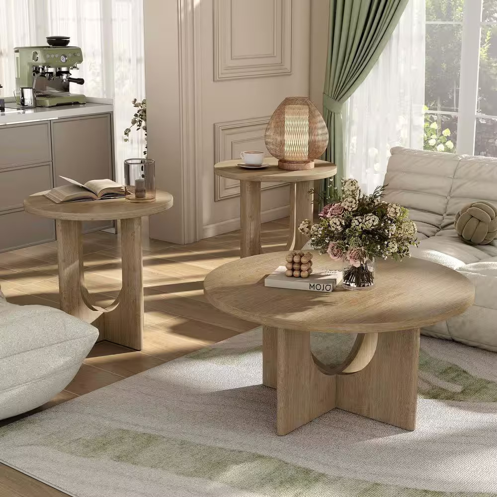 Calsen 3-Piece 36 In. Natural round Wood Top Coffee Table Set with Cross-Arch Ba