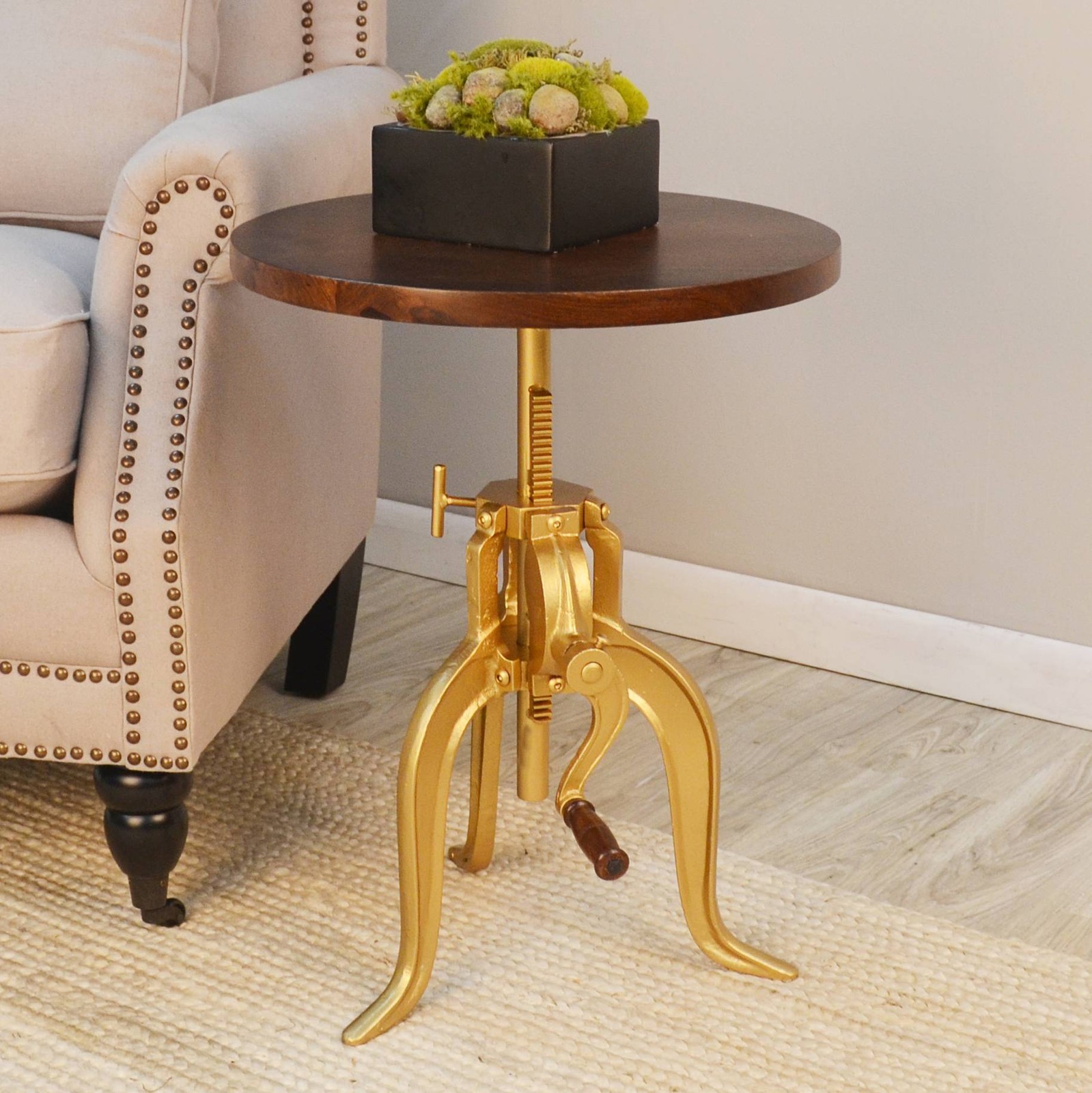 Regan 18″ Wide Elm Gold Adjustable Crank Accent Table