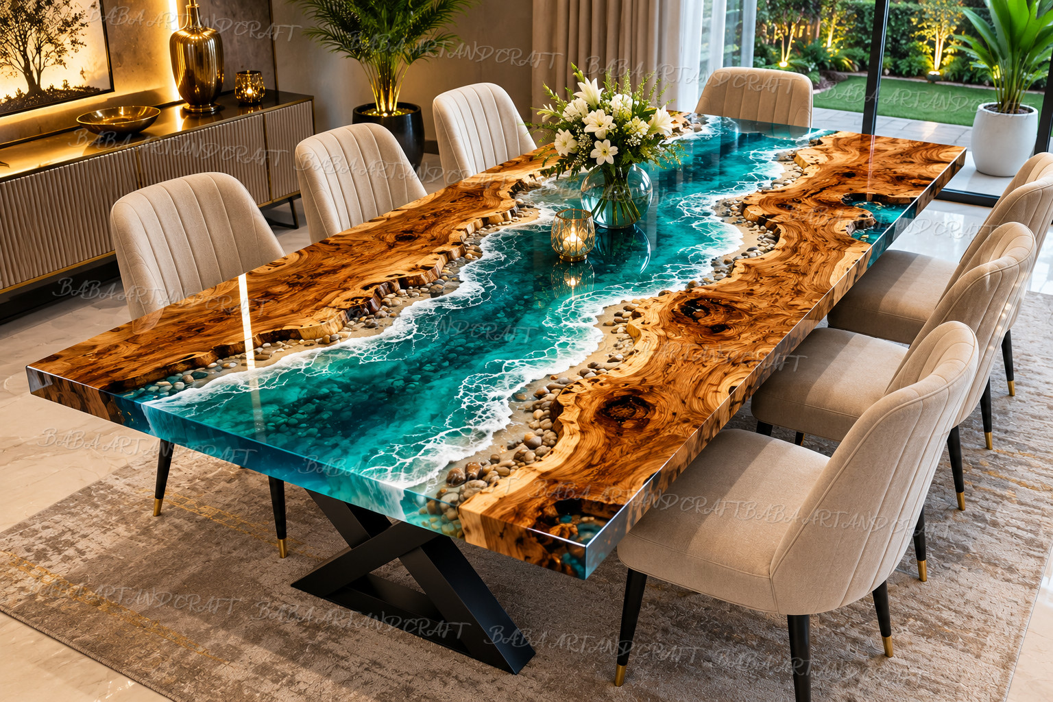 Handmade Blue Resin & White Wave Wood Rectangle Dining Table Luxury Epoxy 12X24