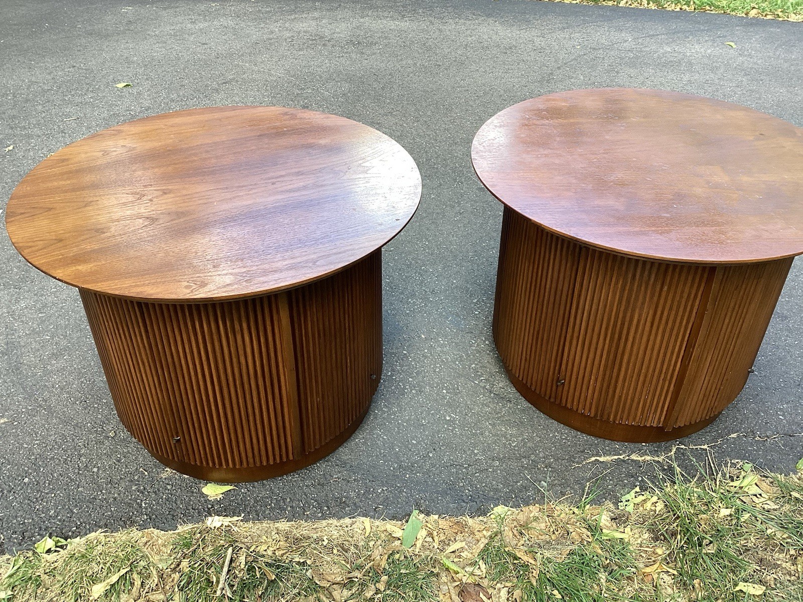 LANE First Edition MCM Mid Century Round Cabinet End Tables, Nightstands, A Pair