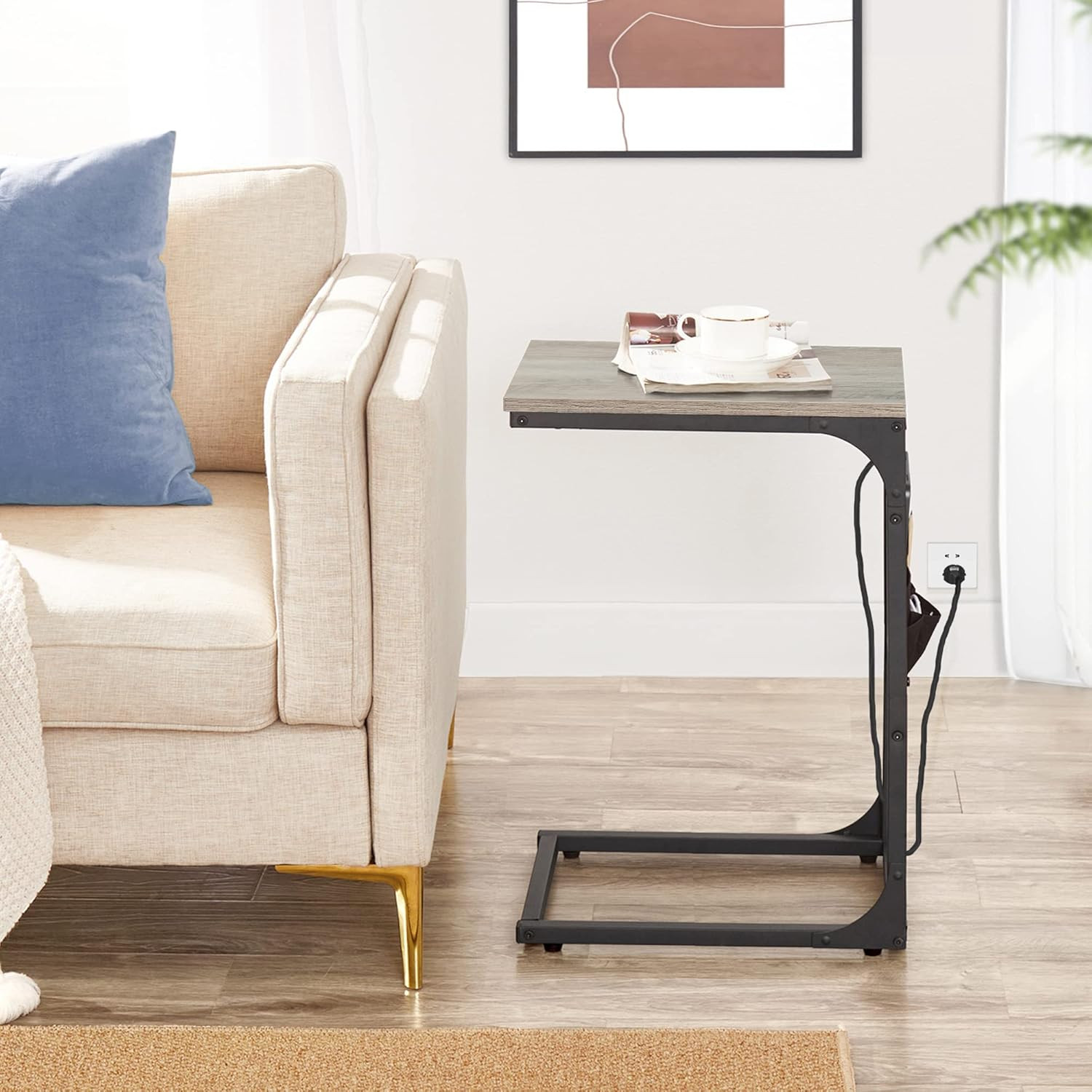 C Shaped End Table with Charging Station, Side Table for Sofa, Couch Table with