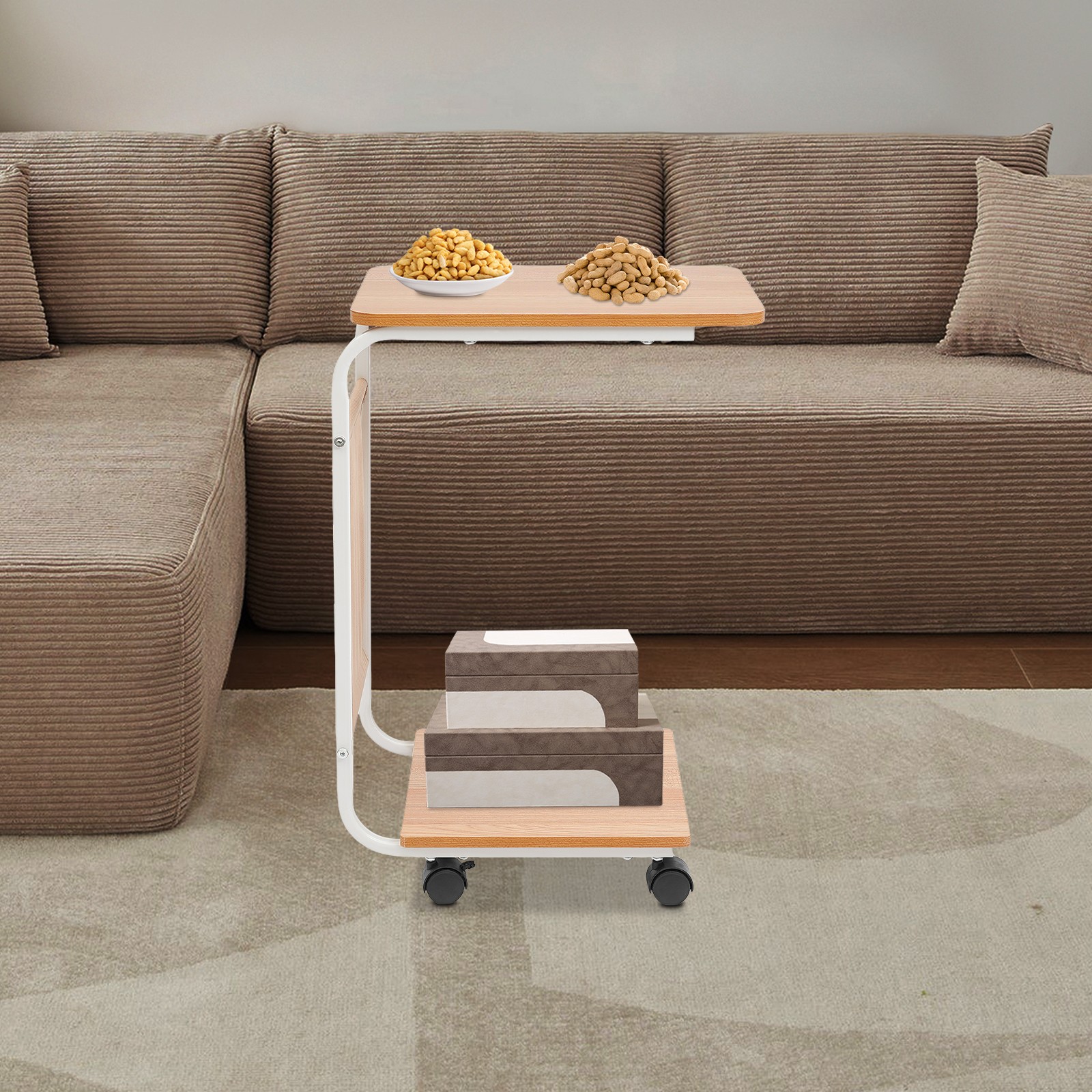 C-Shaped Side Table Sofa Bed Side Table With 4 Wheels Coffee Table Laptop Stand
