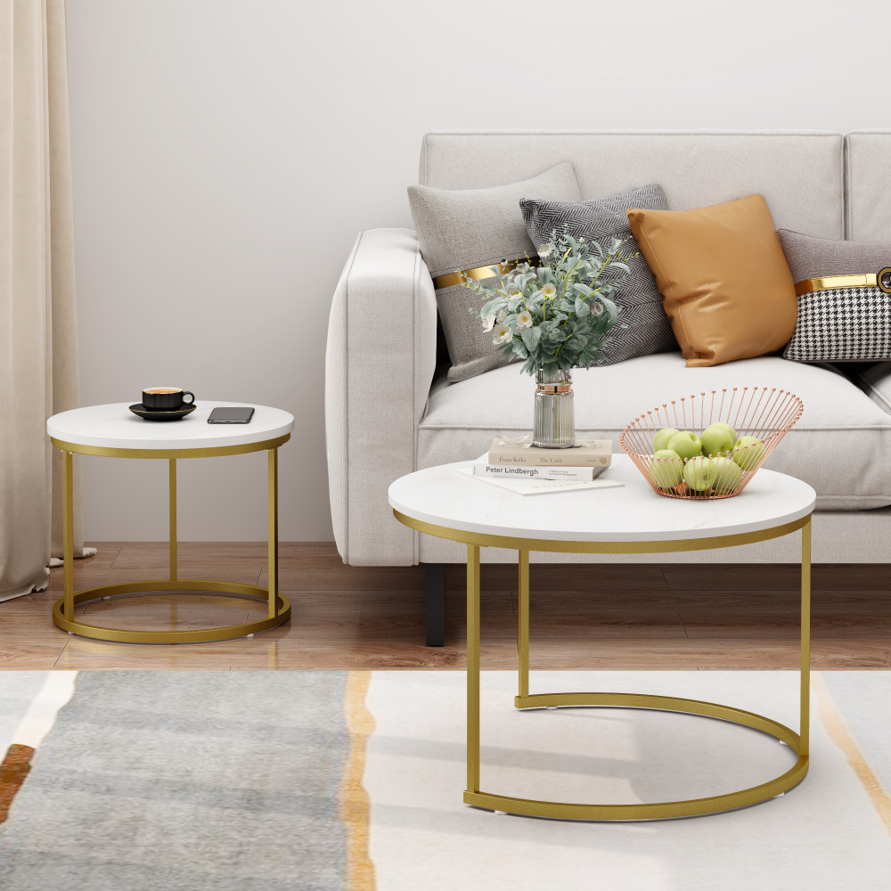 Nesting Coffee Table Set of 2, Round Marble Top with Metal Frame, White
