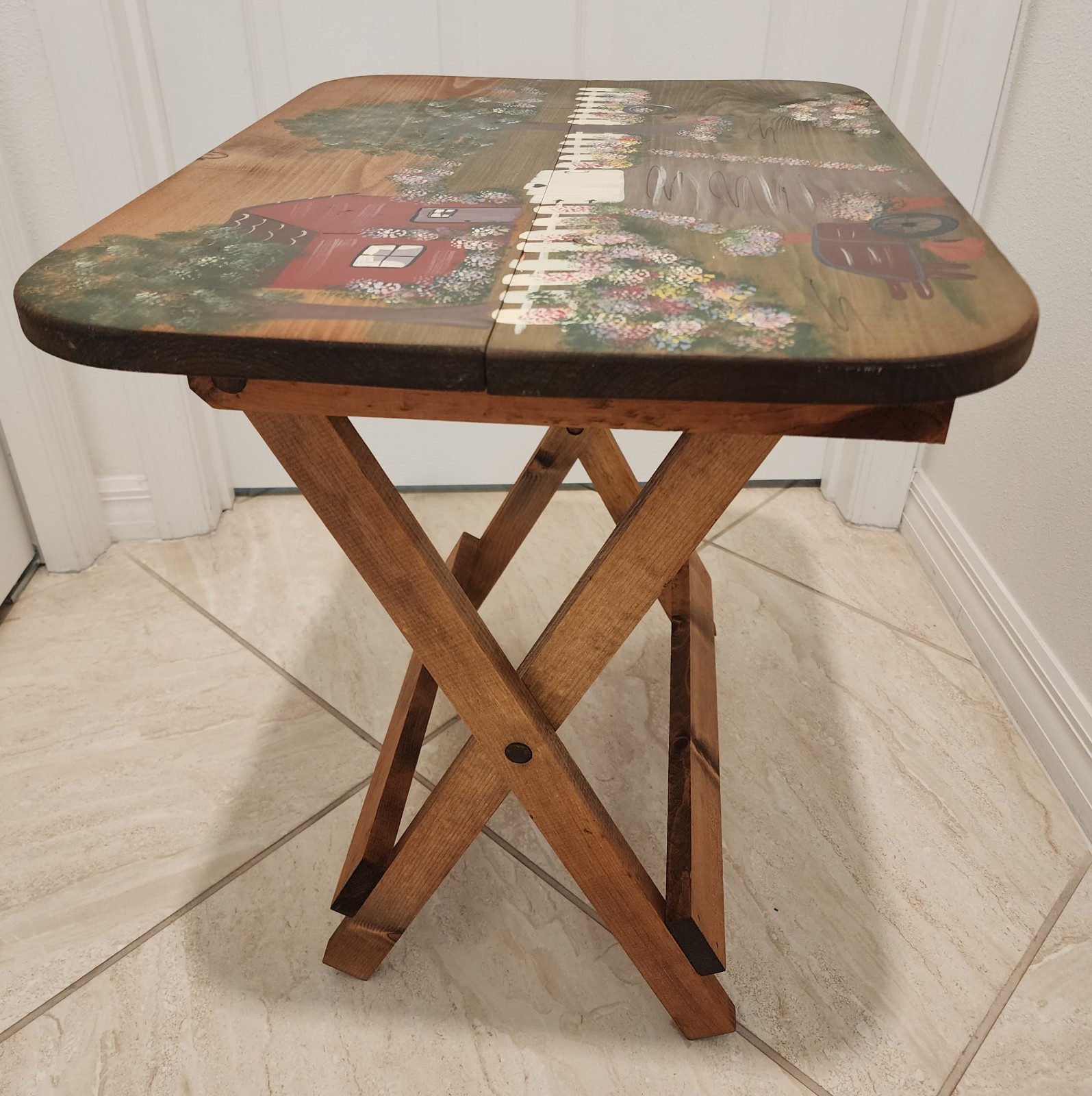Vintage Country Folk Art Hand Painted Wooden Folding Collapsible Side Table