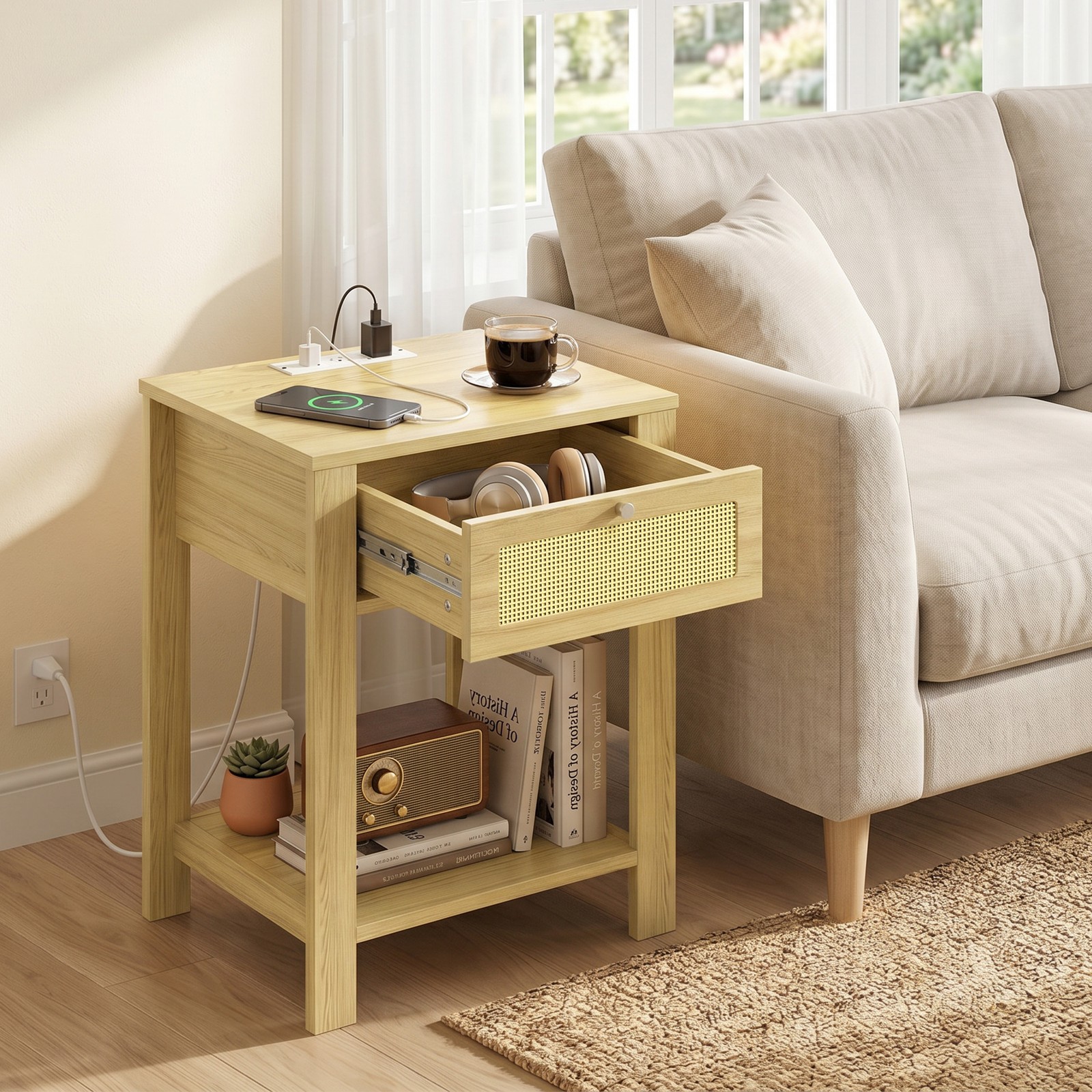HOMCOM End Table Set of 2 with Charging Station, Bed Side Tables, Natural