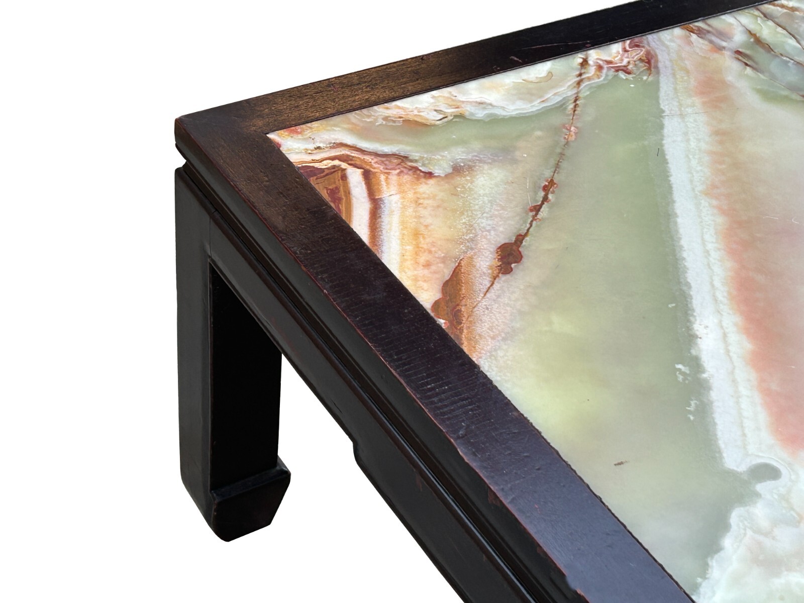Vintage Brown Fabric Lacquer Rectangular Marble Stone Top Coffee Table cs7826