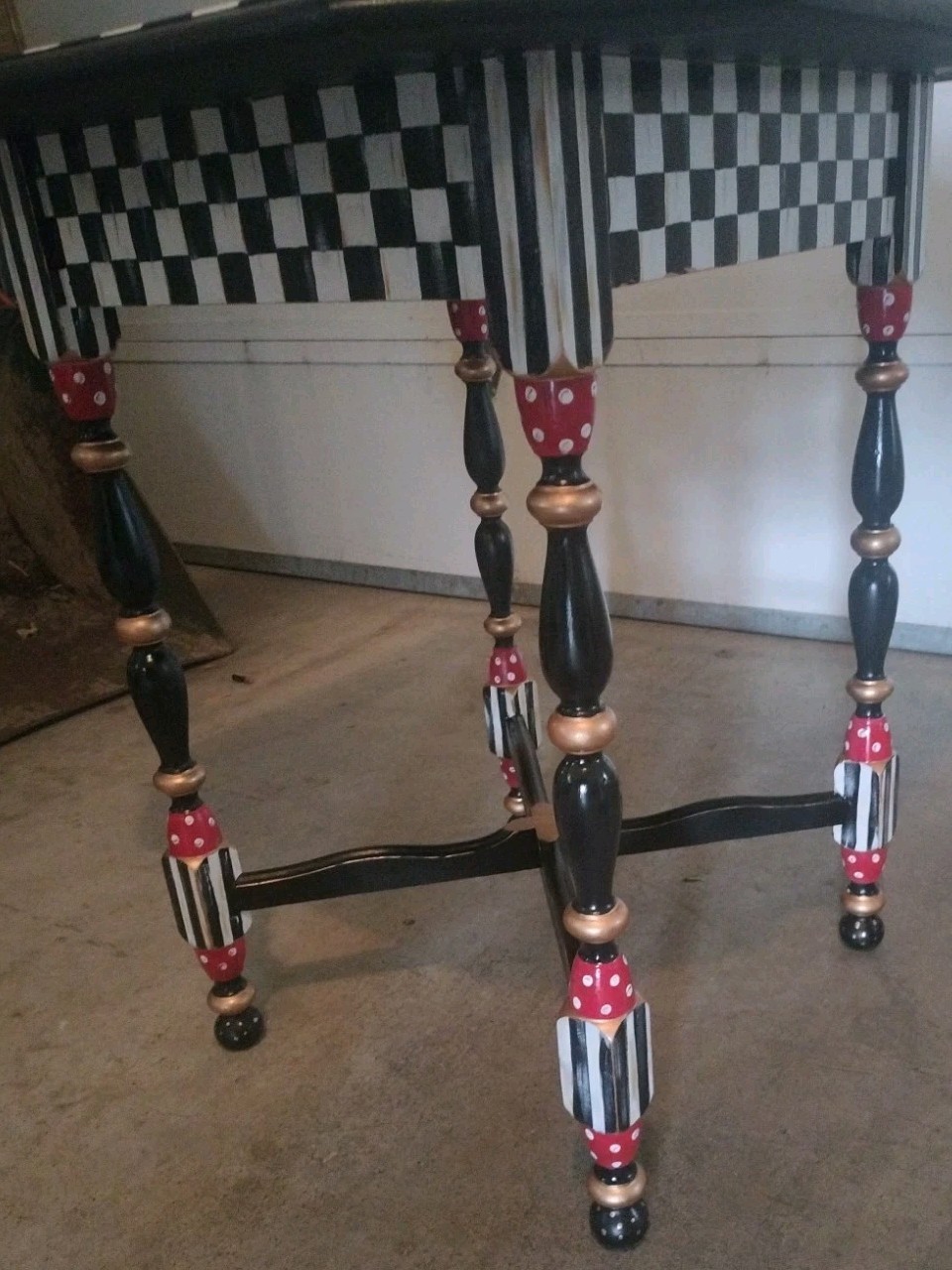 Whimsical Black & White Checked Side Table 28x28x30″ Gold Red Hand Painted By Me