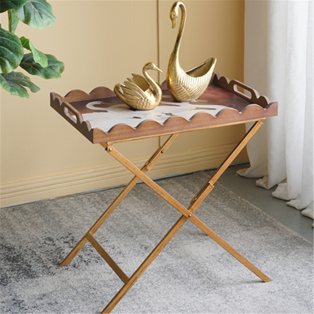 Brown MDF Tray Table with White Swan Motif Iron Base Rectangular Display Table
