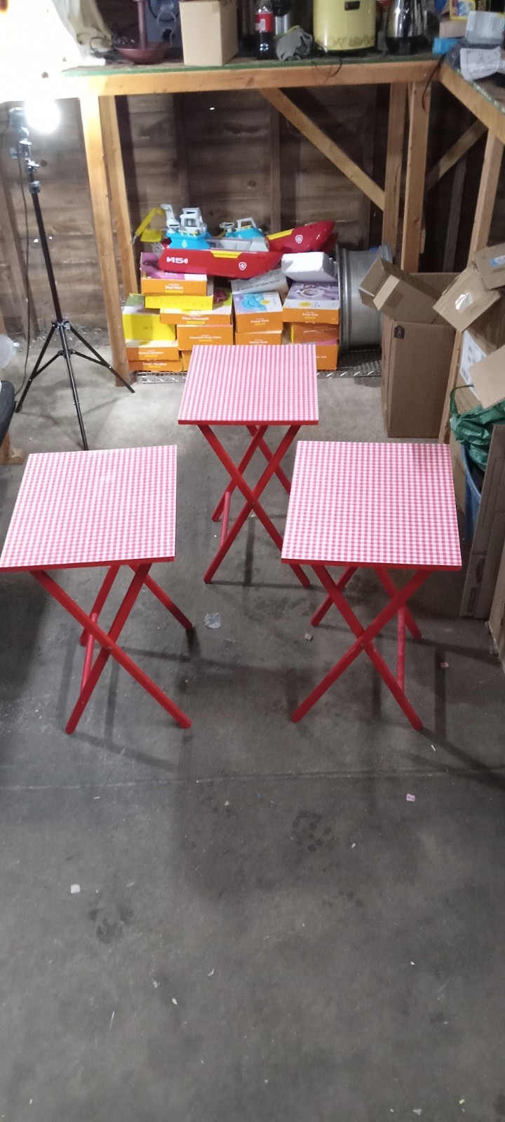 Vintage SCHEIBE Farmhouse Red Gingham Wooden Folding Tables Set of 3