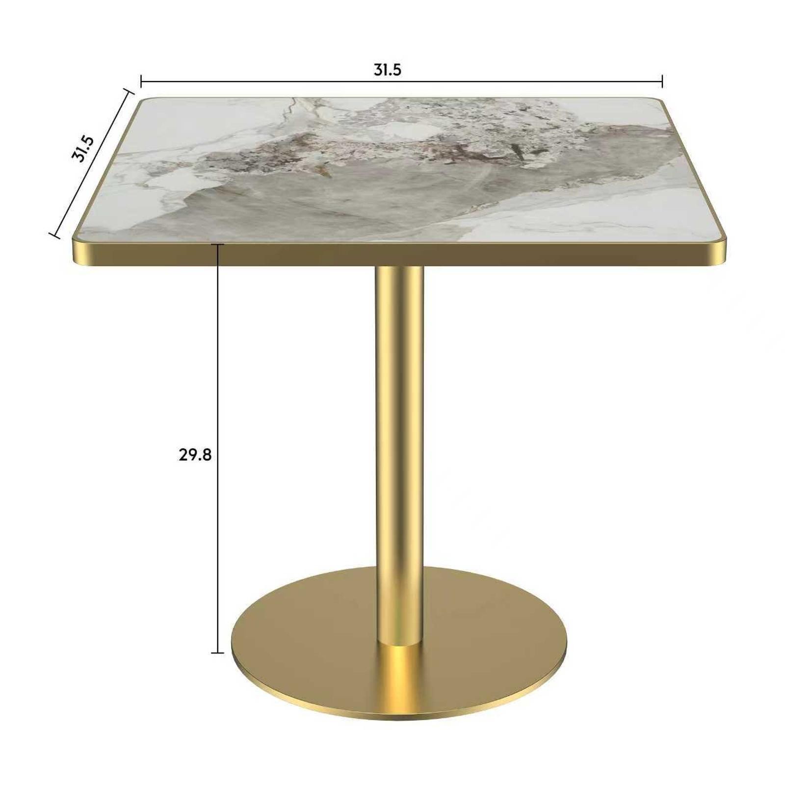Sleek Square Dining Table 31.5” – Glossy Snow Mountain Stone, Sturdy Gold