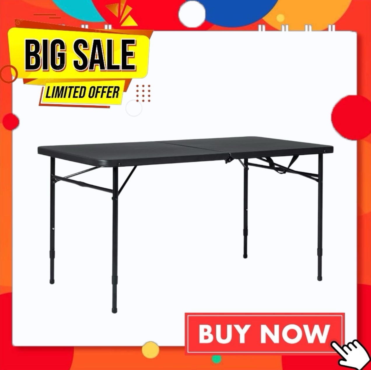 Mainstays 4 Foot Fold-in-Half Adjustable Folding Table, Rich Black