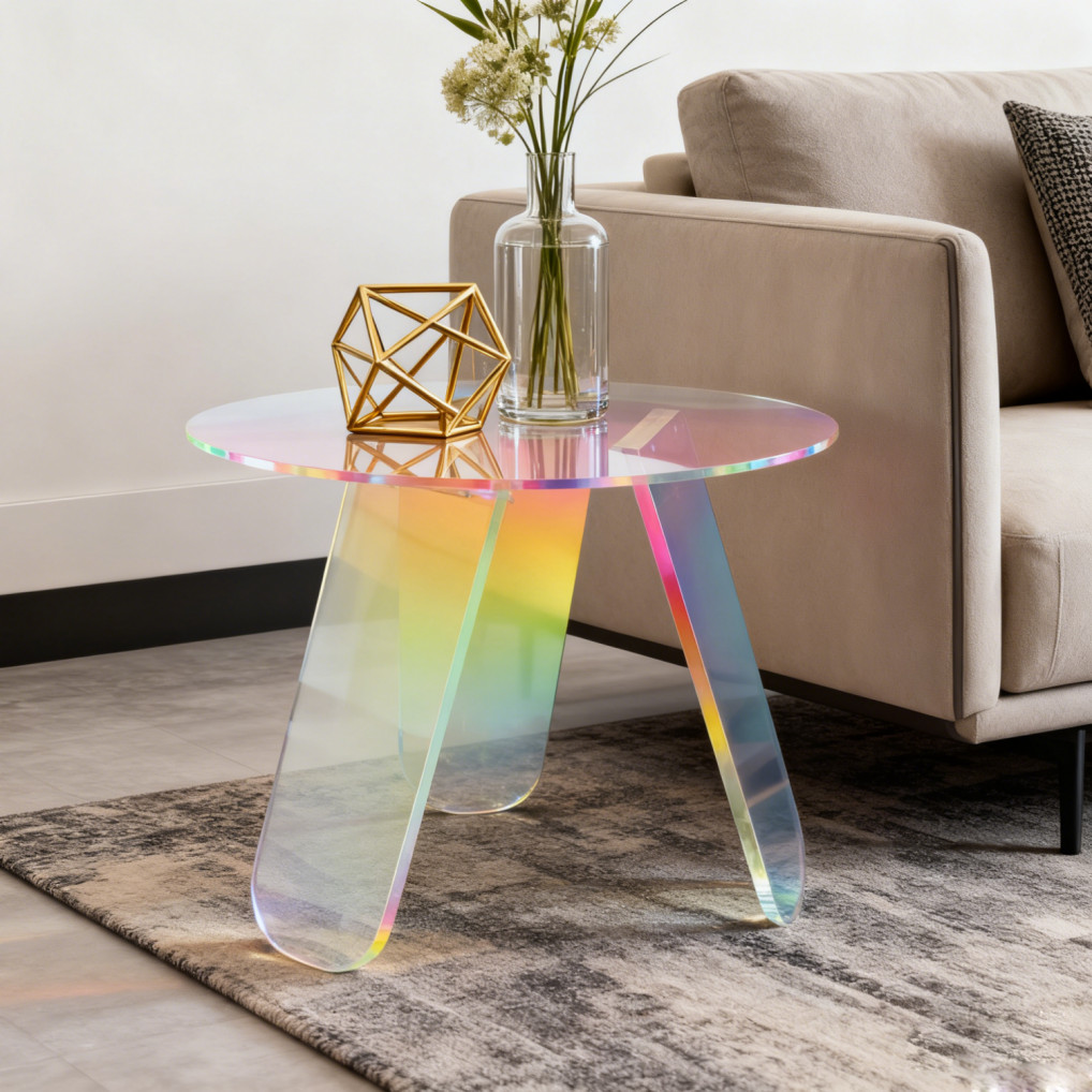 Acrylic End Table with PVC Table Cover Round Iridescent Rainbow Sofa Side Table
