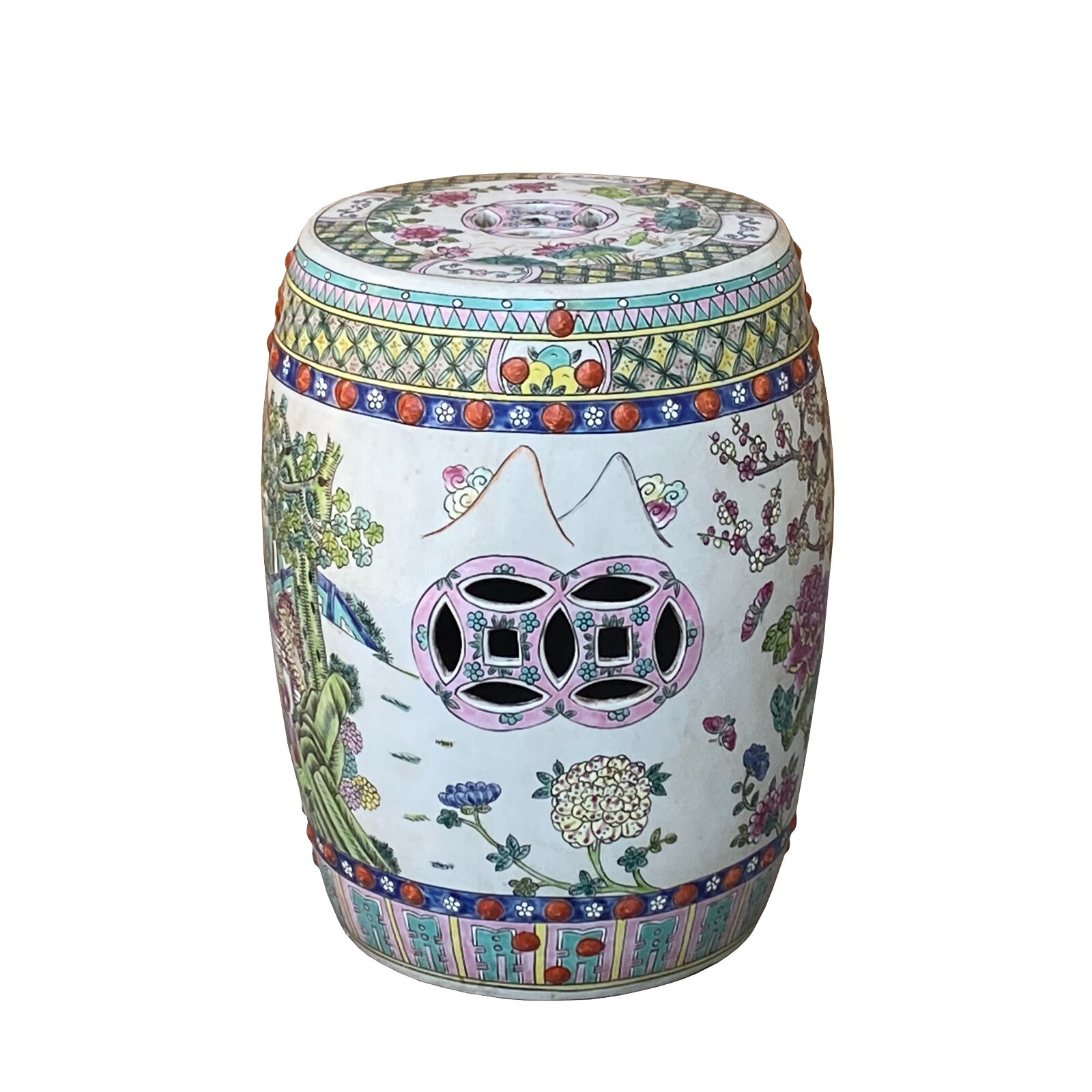 Vintage Oriental Famille Rose Mixed Color Porcelain Round Stool Ottoman cs7386