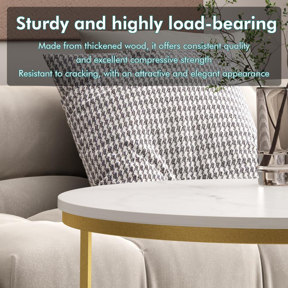 Nesting Coffee Table Set of 2, Round Marble Top with Metal Frame, White