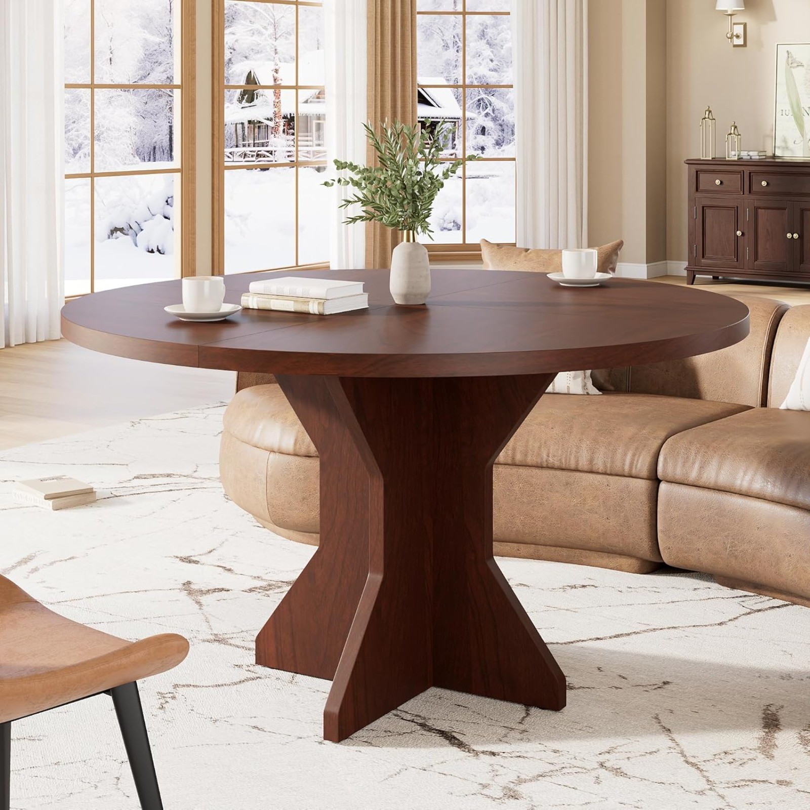 47In Round Dining Table Kitchen Table for 4 to 6 People with Wood Pedestal Base