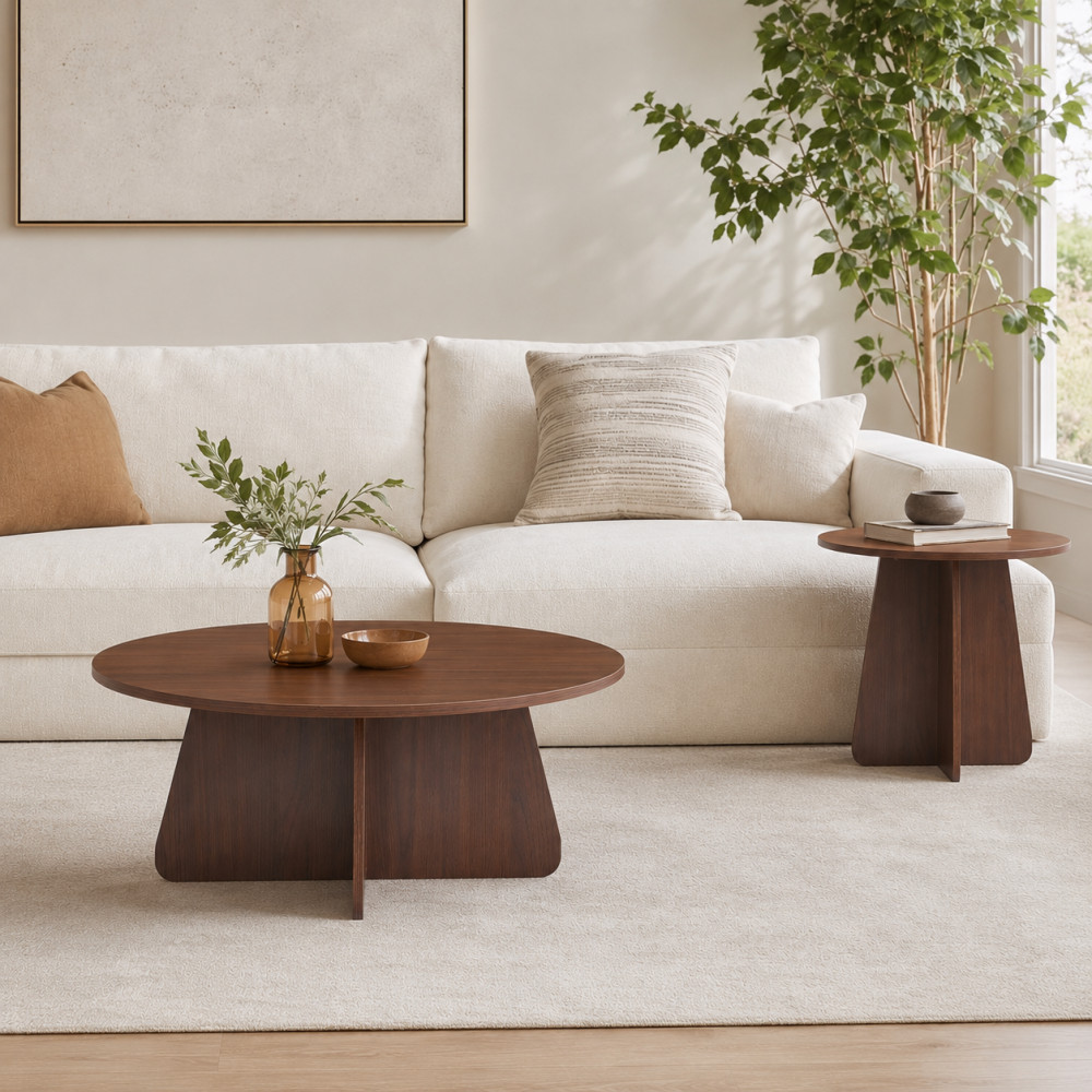 Retro Nesting Coffee Table Set, Round Side Tables with Wood Legs