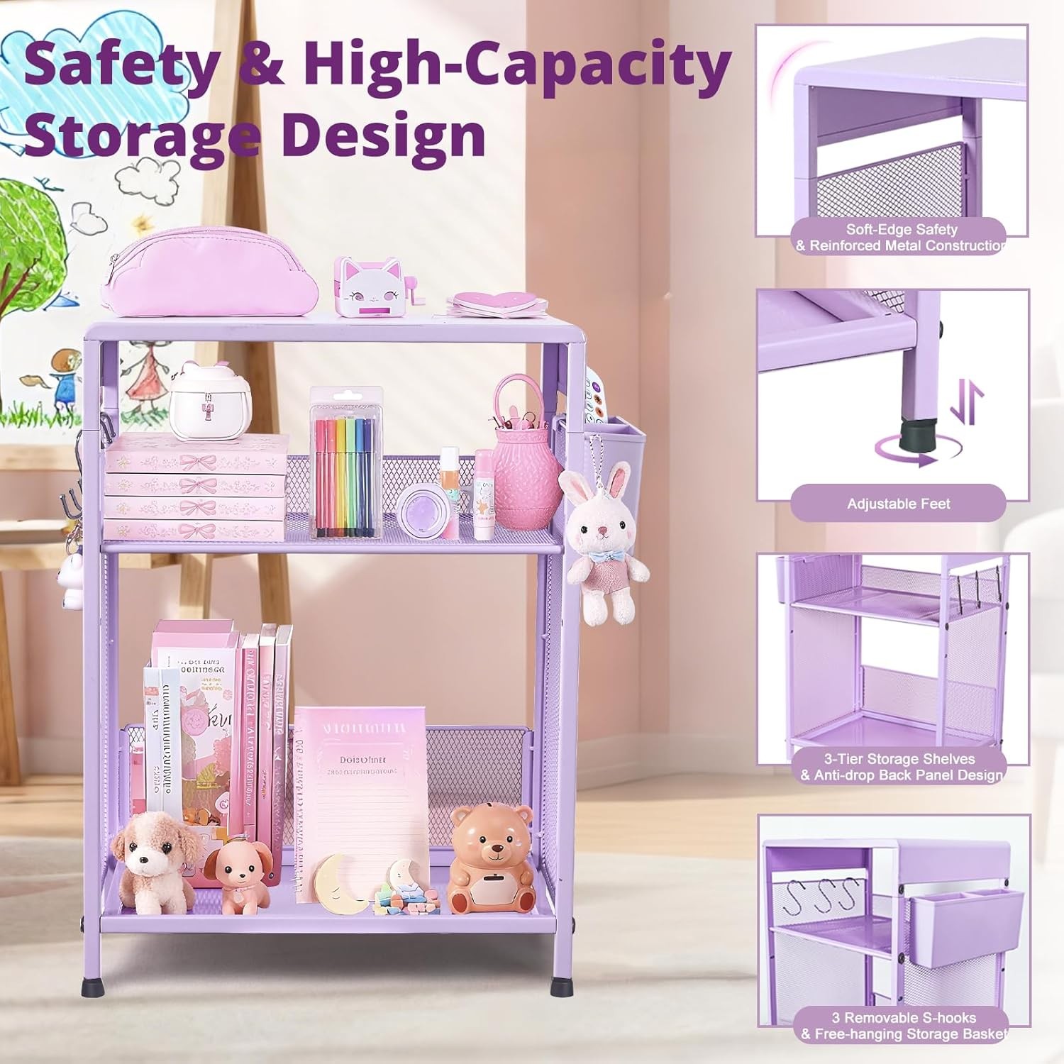 Purple Kids Nightstand 3-Tier Small Side Table Small Spaces Narrow End Table W/