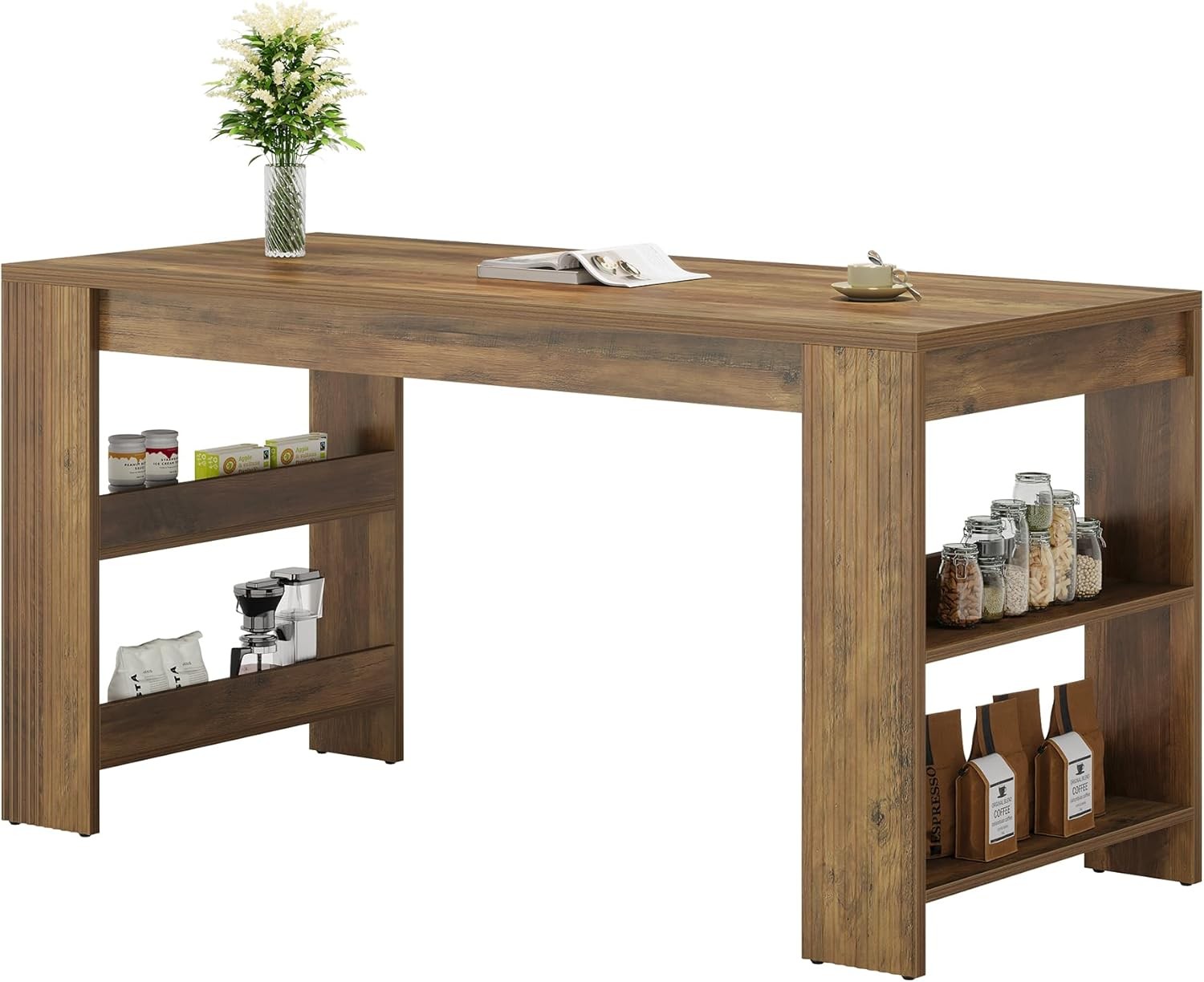 63-Inch Farmhouse Bar Table Rustic Counter Height Pub Table with Storage Shelves