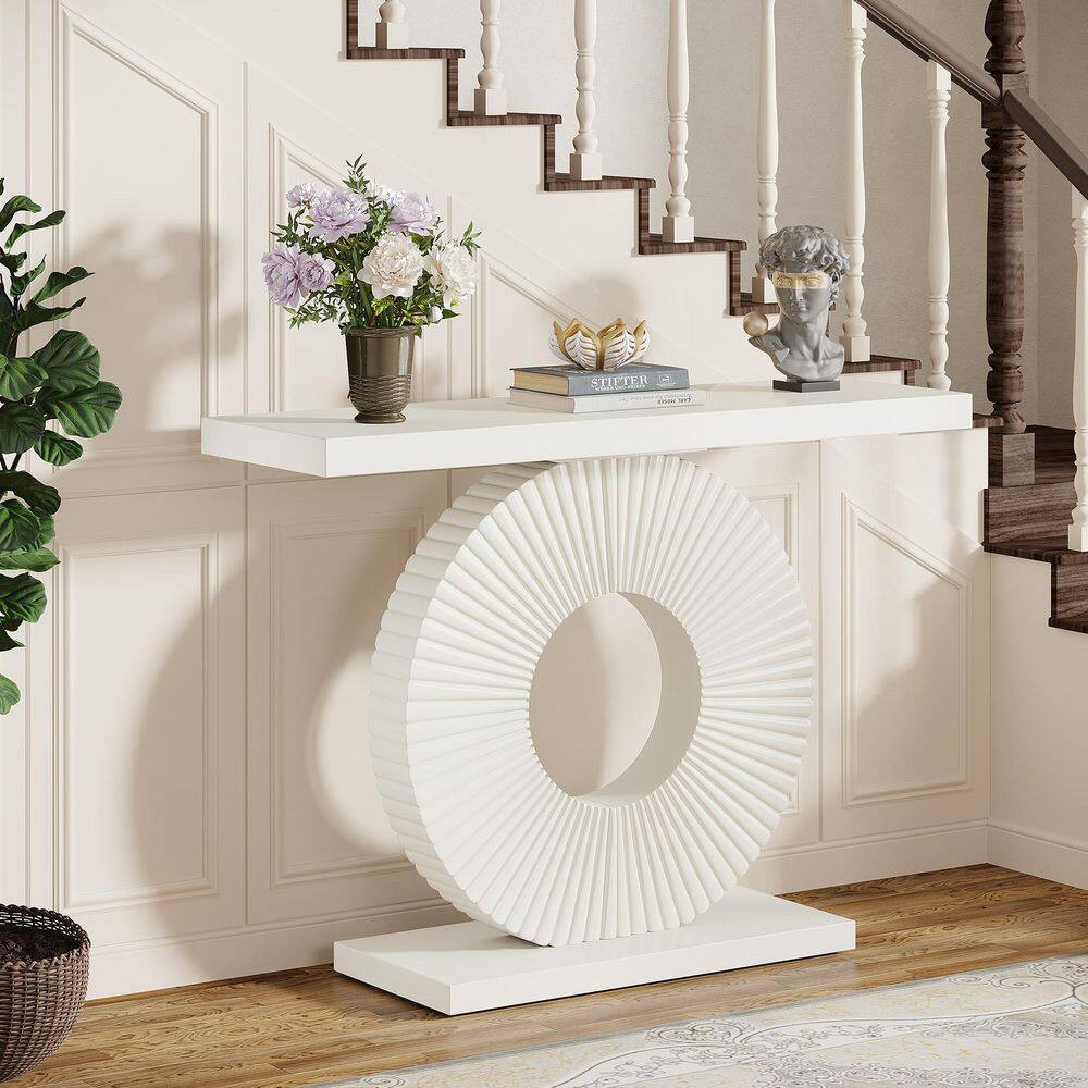 Turrella 39 In. White Rectangle Engineered Wood Console Table with O Shaped Base