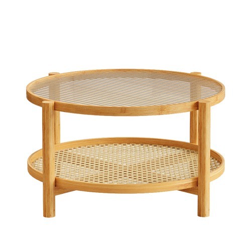 coffee table Wicker coffee table with glass top and PVC wicker storage rack