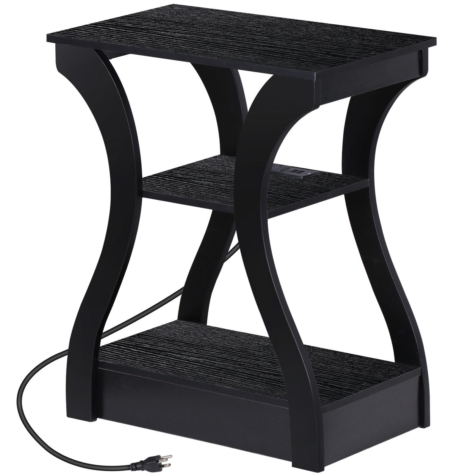 End Table 3 Tier Accent Sofa Table w/Curved Legs Shelf & Charging Station Black