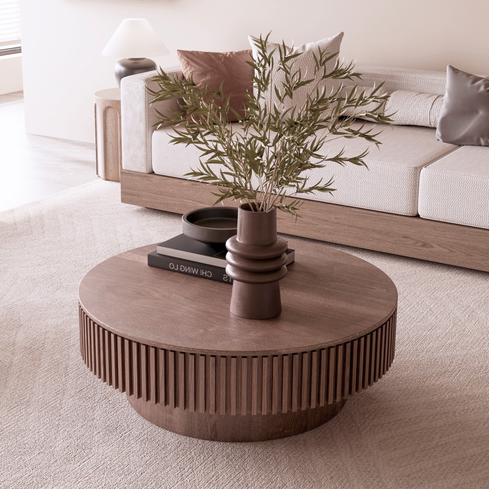 39.37″ Brown Round Coffee Table w/ Storage, Solid Wood Veneer, Modern