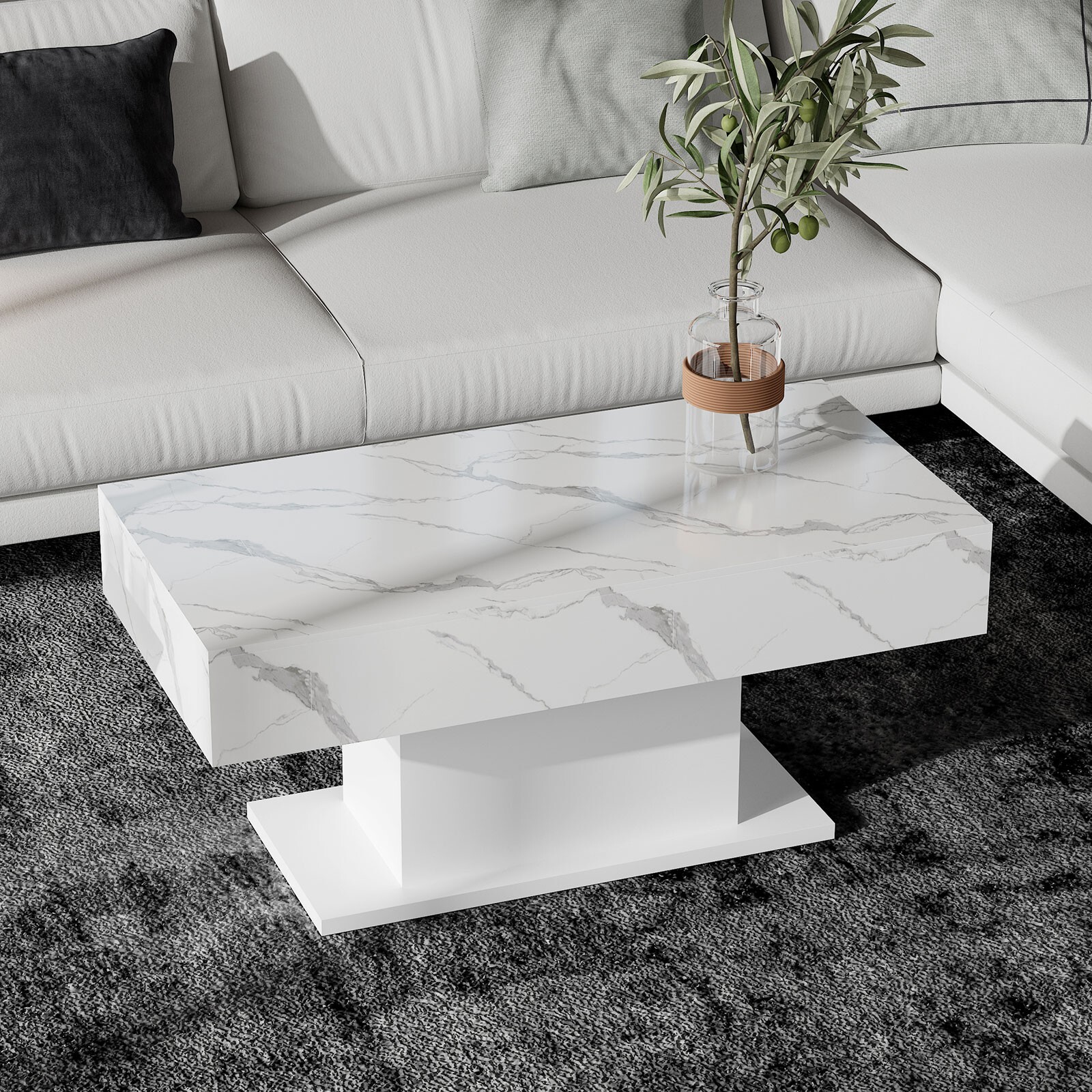 Marble White Modern High Glossy LED Coffee Table 16Color LED Light Living Room