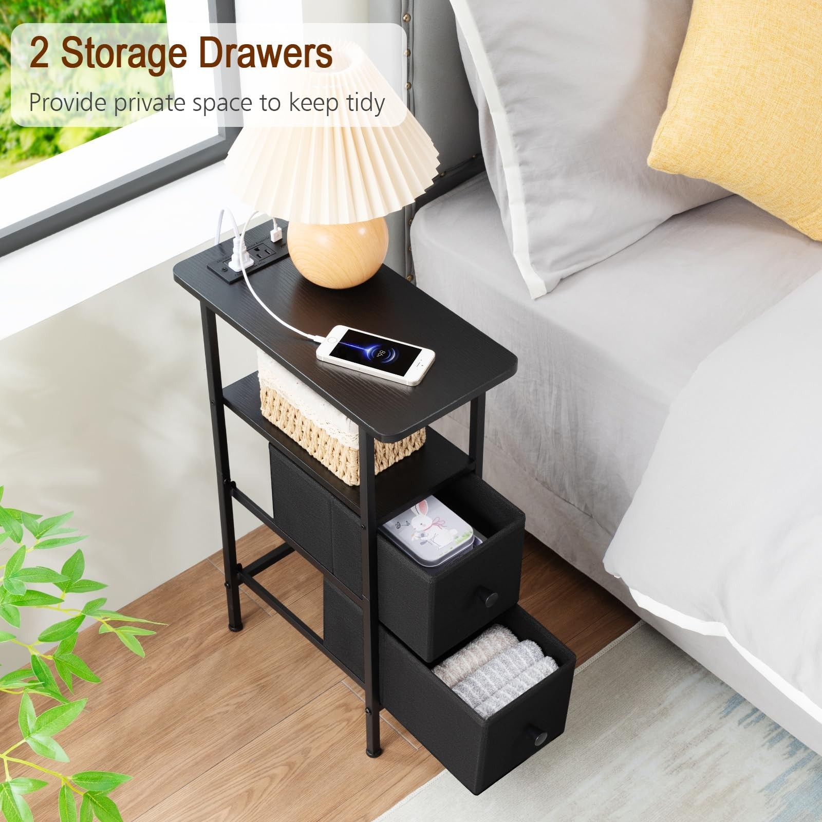 Slim Narrow End Table with Charging Station, Fabric Drawers, Small Space Nightst